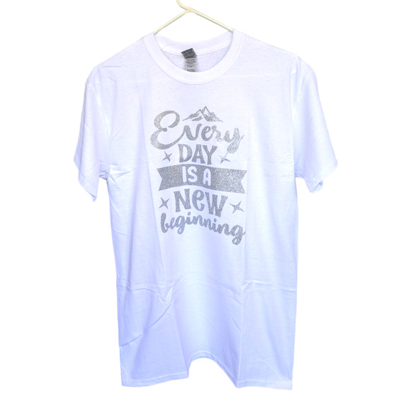 Womens Tee "Every Day Is A New Beginning" - Silver Sparkle Lettering - Size M - Picture 1 of 6